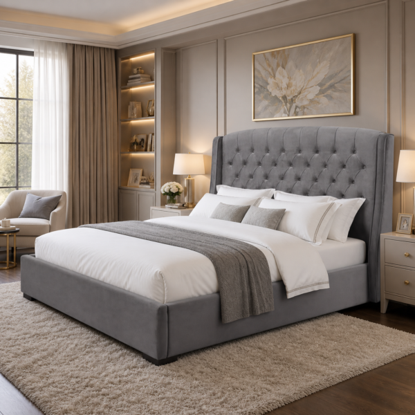 Front view of the Auro Astoria Wingback Bed