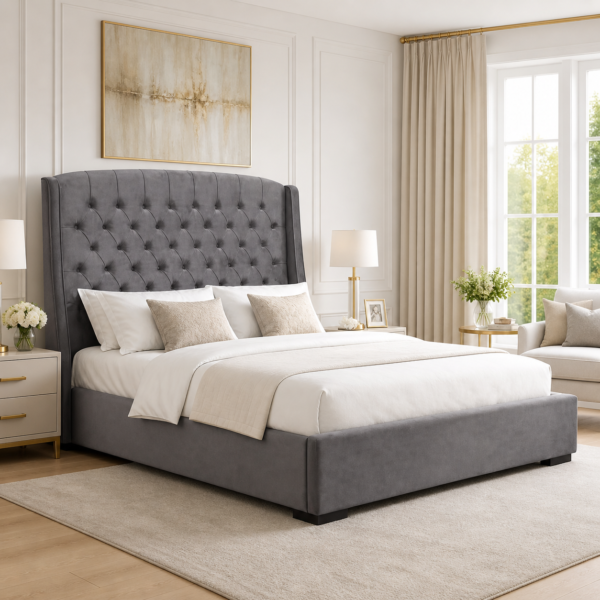 Winged headboard detail on the Auro Astoria Wingback Bed