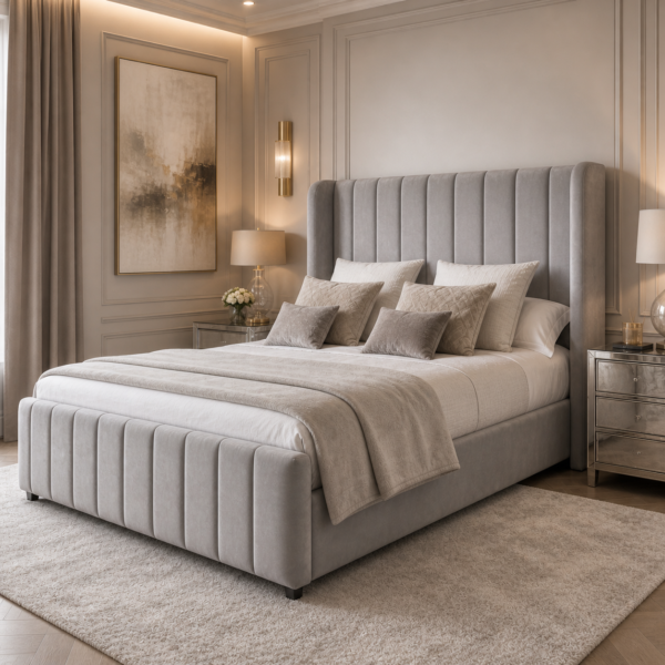 Winged headboard detail on the Auro Elara Wingback Bed
