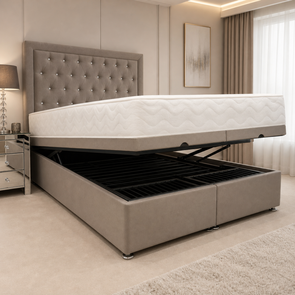 Styled bedroom view of the Auro Hadley Ottoman Storage Bed