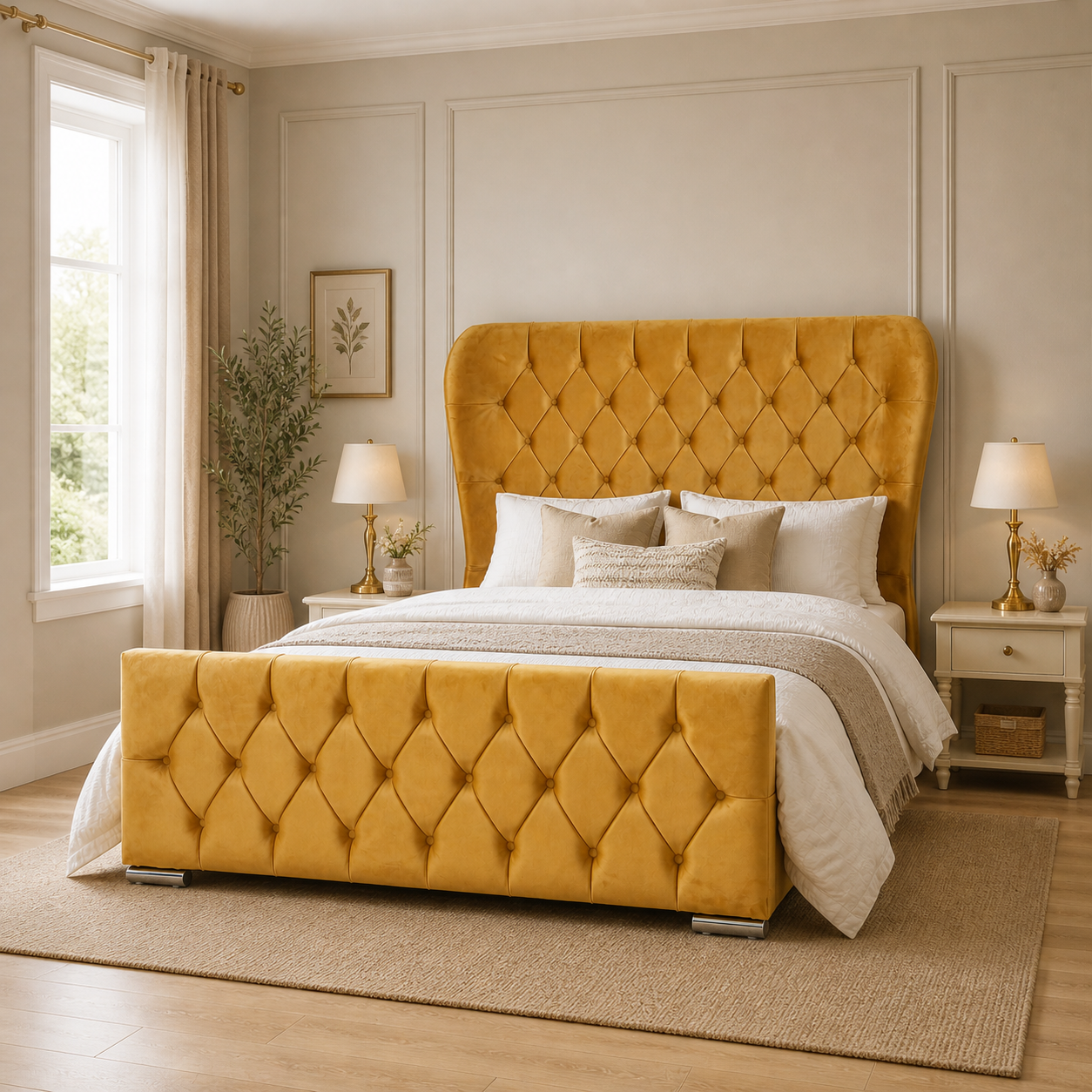 Winged headboard detail on the Auro Harper Wing Bed