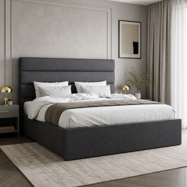 Styled bedroom view of the Auro Hartley Ottoman Storage Bed