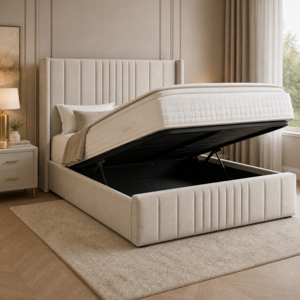 Winged headboard detail on the Auro Madison Winged Bed