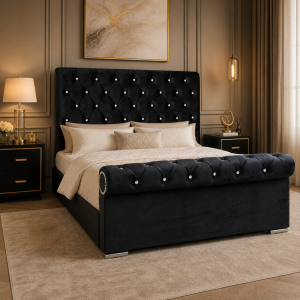 Styled bedroom view of the Auro Marlowe Sleigh Bed