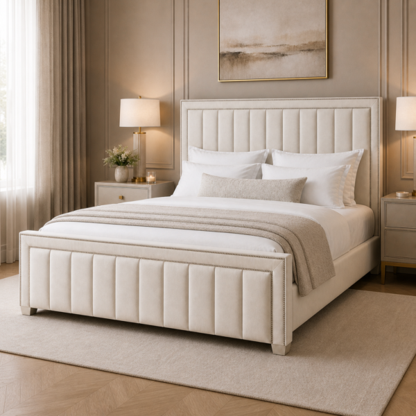 Styled bedroom view of the Auro Sorella Upholstered Bed