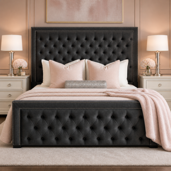 Styled bedroom view of the Auro Windsor Studded Bed