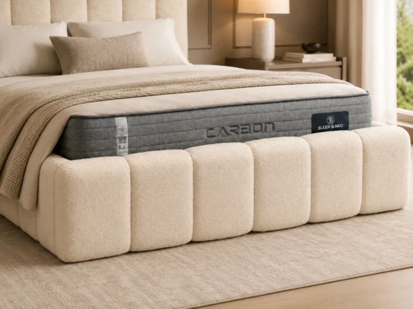 Auro Florence Boucle Luxury Bed close view of the upholstered footboard