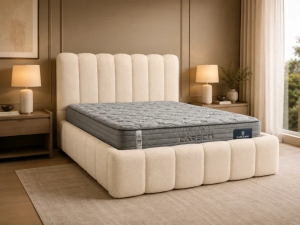 Auro Florence Boucle Luxury Bed angled view in a warm neutral bedroom