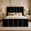 Auro Obsidian Luxury Bed in black velvet with gold vertical detailing