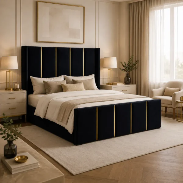 Auro Obsidian Luxury Bed close view of the footboard with gold detailing