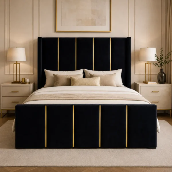Auro Obsidian Luxury Bed in black velvet with gold vertical detailing