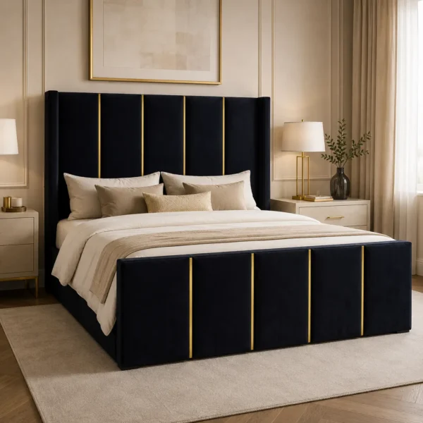 Auro Obsidian Luxury Bed angled bedroom view with gold vertical detailing