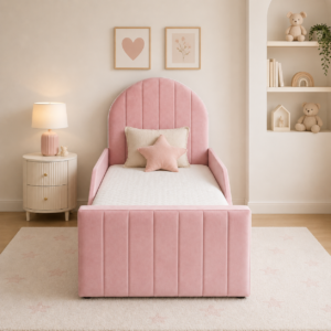 Auro Rosalie Luxury Kids Bed front view Auro Rosalie Luxury Kids Bed front view in blush pink upholstery