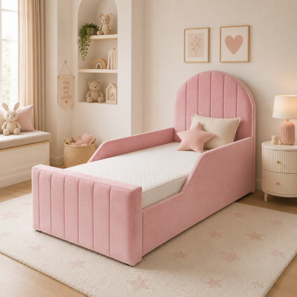 Auro Rosalie Luxury Kids Bed side view in blush pink upholstery