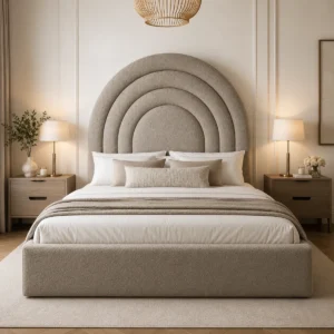 Auro Arcelle arched upholstered bed with layered curved headboard, shown from the front