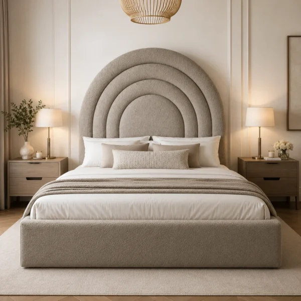Auro Arcelle arched upholstered bed with layered curved headboard, shown from the front