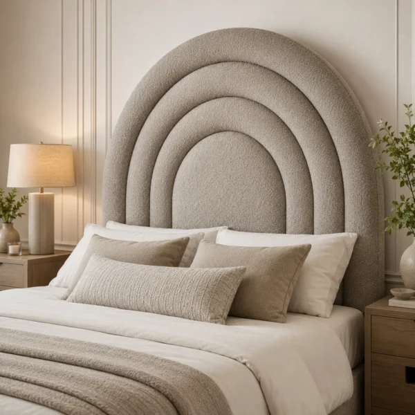 Close-up of the Auro Arcelle layered arch upholstered headboard and textured fabric