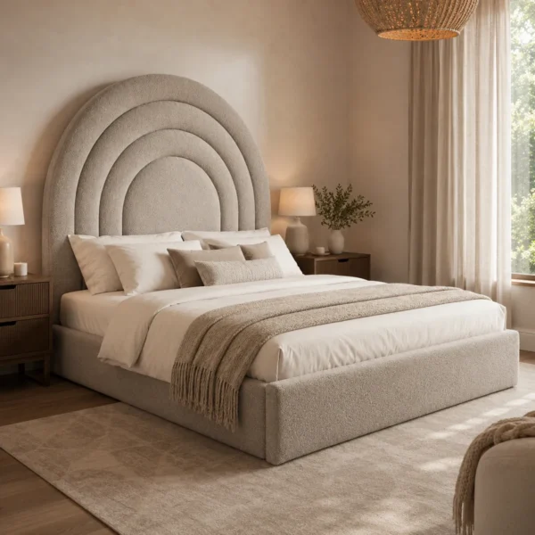 Auro Arcelle luxury arched bed styled in a contemporary neutral bedroom