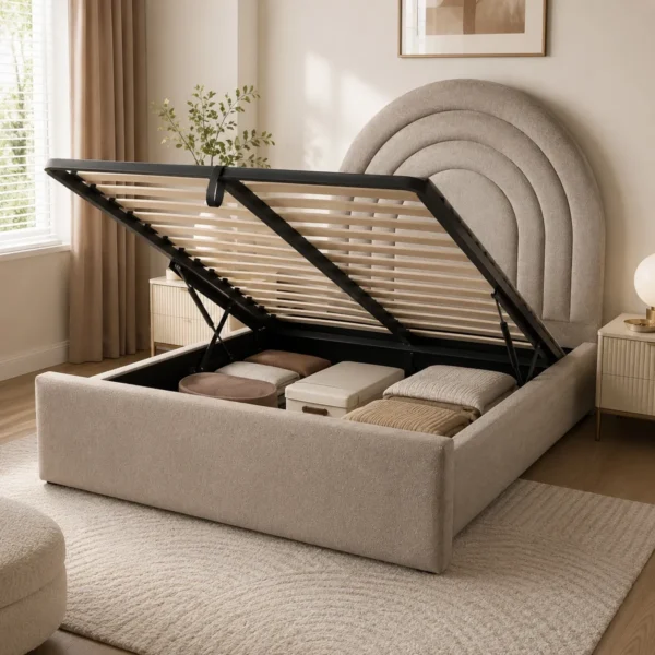 Auro Arcelle bed with the gas-lift Ottoman base open to show the under-bed storage area