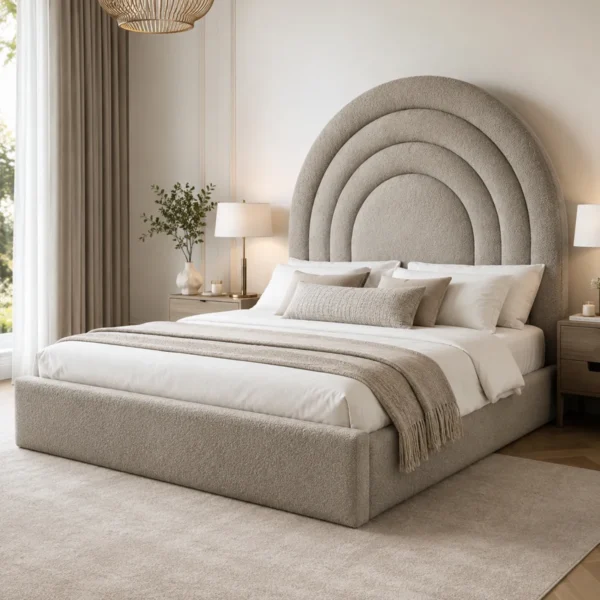Auro Arcelle statement upholstered bed shown from an angled lifestyle view