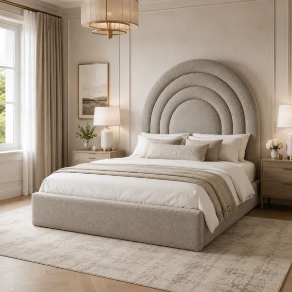 Auro Arcelle upholstered bed with sculpted layered arch headboard, shown from a three-quarter angle