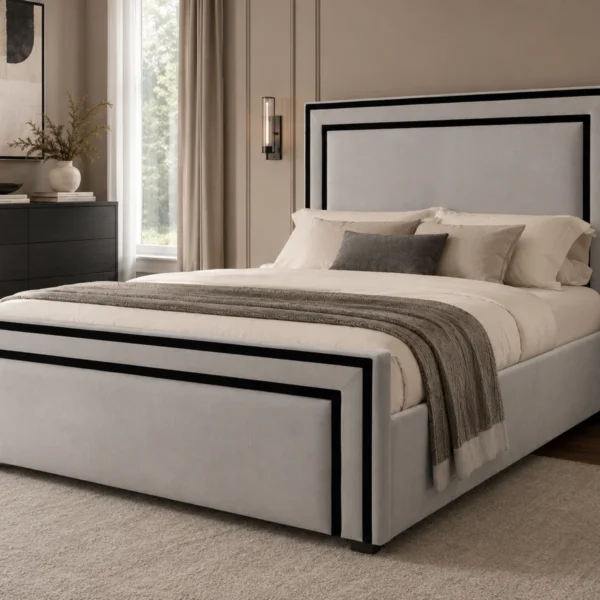Auro Valtier luxury upholstered bed styled in a warm modern bedroom