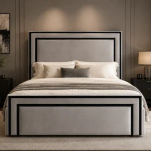 Auro Valtier luxury upholstered bed with black inset trim, shown from the front