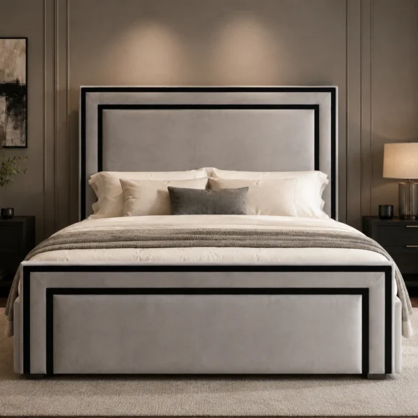Auro Valtier luxury upholstered bed with black inset trim, shown from the front
