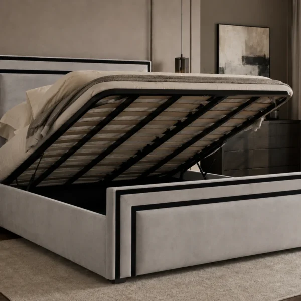 Auro Valtier bed with the gas-lift Ottoman base open to show the under-bed storage area
