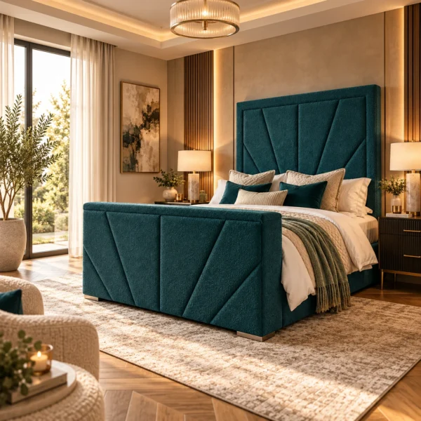 Auro Aurelis Art Deco TV bed in teal upholstery shown in a luxury bedroom setting.