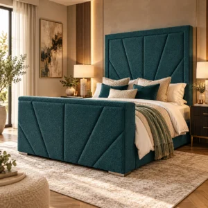 Auro Aurelis Art Deco TV bed in teal upholstery with the TV concealed.