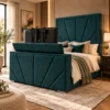 Auro Aurelis Art Deco TV bed with the television raised and the upholstered lid open.