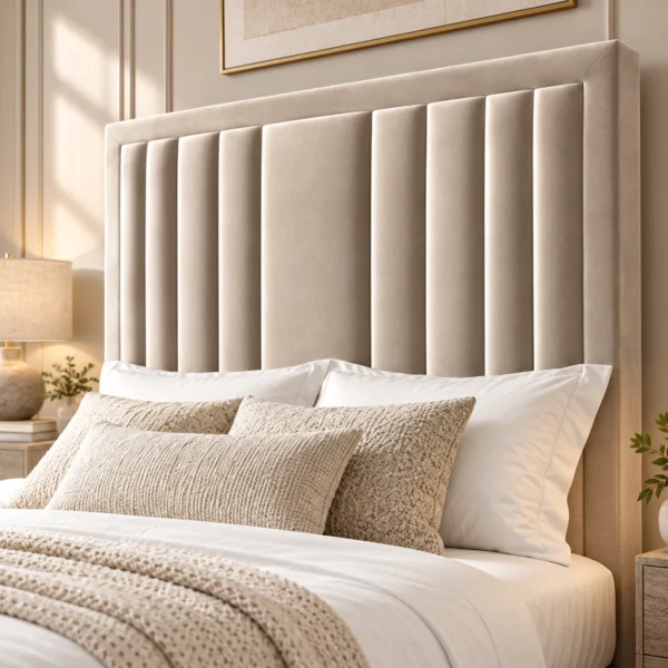Close-up of the Auro Calen upholstered vertical-channel headboard.