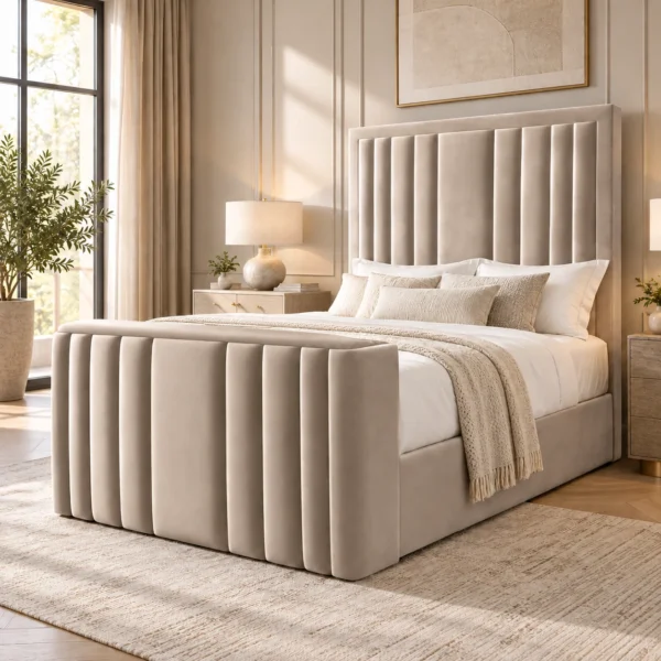 Auro Calen Ottoman TV bed shown in a light contemporary bedroom setting.
