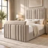 Auro Calen Ottoman TV bed in warm beige upholstery with the TV concealed.