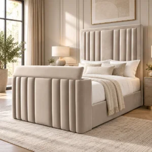 Auro Calen Ottoman TV bed in warm beige upholstery with the TV concealed.