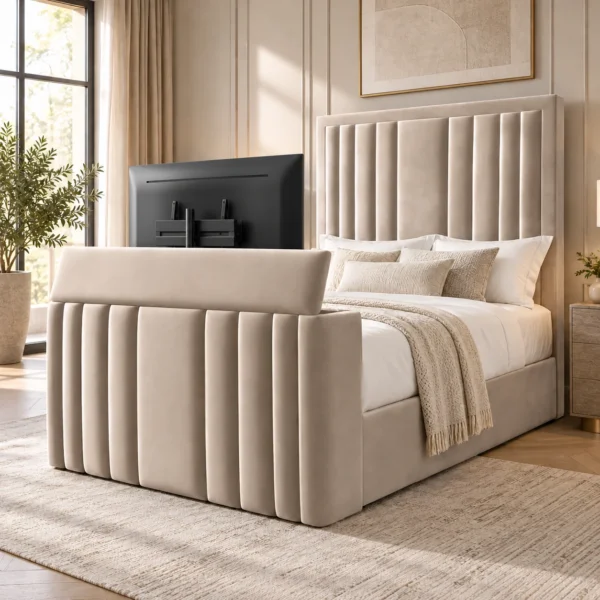 Auro Calen Ottoman TV bed with the television raised from the footboard.