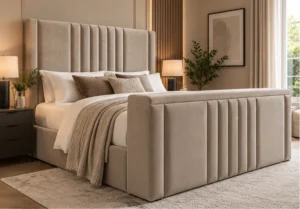Auro Sora upholstered TV bed in warm mink fabric with the TV concealed.