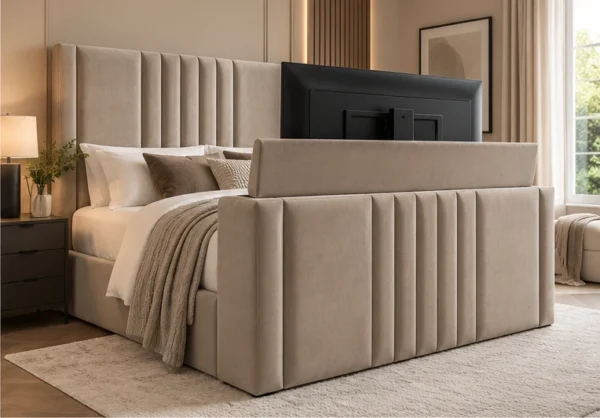 Auro Sora upholstered TV bed with the television raised from the footboard.
