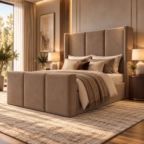 Auro Veyra upholstered wingback TV bed shown in a contemporary bedroom setting.