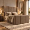 Auro Veyra upholstered wingback TV bed in warm taupe fabric with the TV concealed.