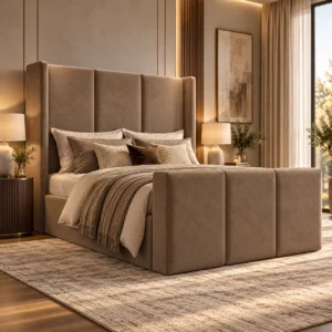 Auro Veyra upholstered wingback TV bed in warm taupe fabric with the TV concealed.