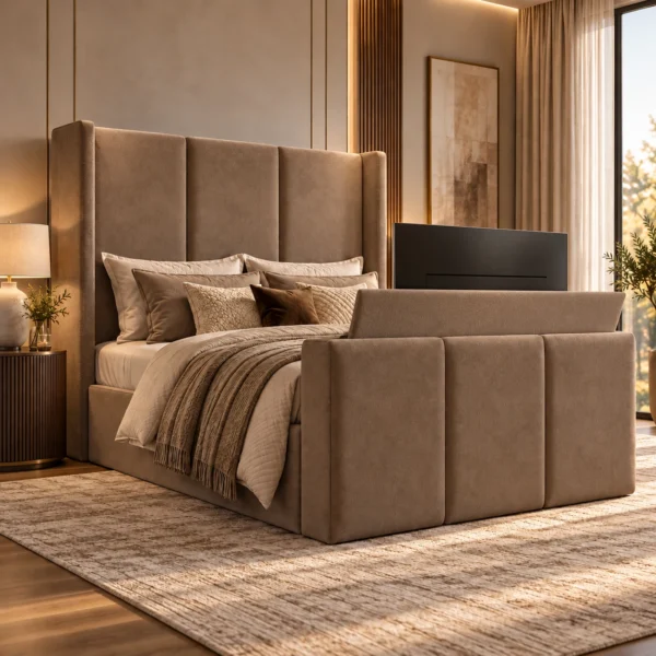 Auro Veyra wingback TV bed with the television raised from the upholstered footboard.